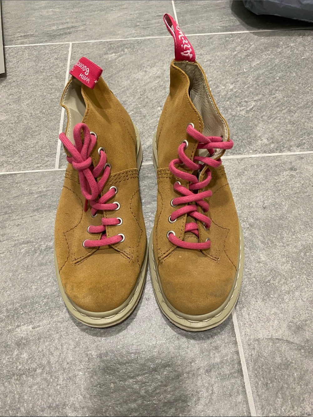 Dr. Martens Tan Suede Ankle Boots with Pink Laces size 7 men